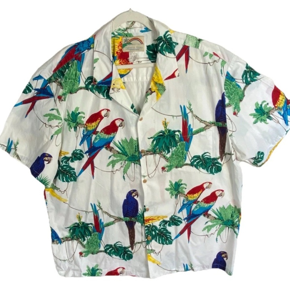White Tropical Parrot Print Short-Sleeve Camp Shirt